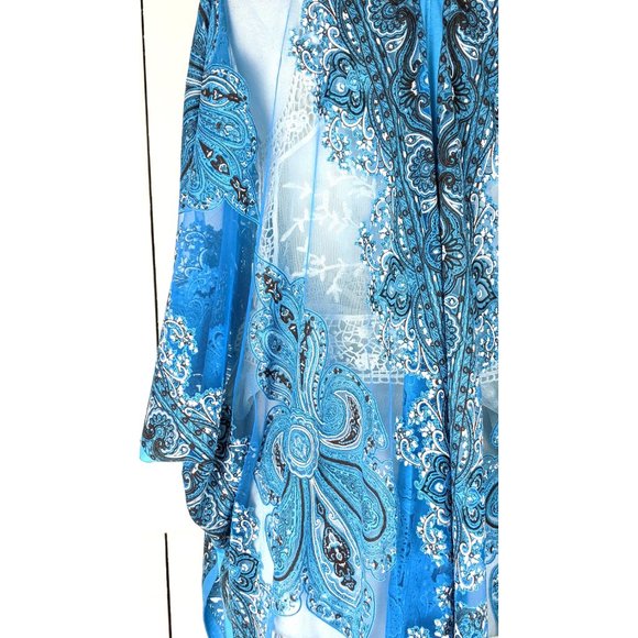 Blue paisley sheer stretch jersey burnout kimono cardigan jacket cover up - Picture 6 of 6